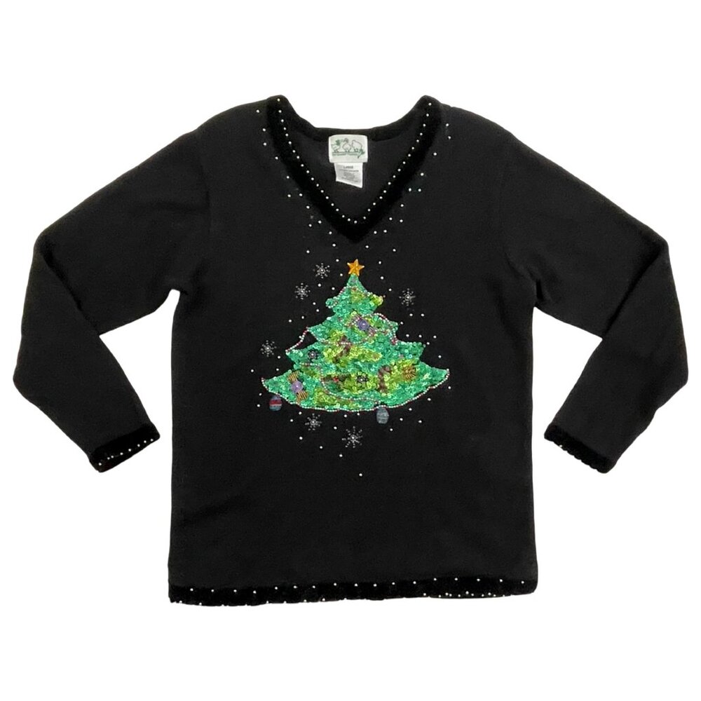 Vintage Christmas Tree Sweater Embellished Ugly Christmas Pullover Size Large